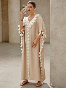 SHEIN Clasi Women's Casual Elegant Vacation V-Neck Floral Ruffle Decor Batwing Sleeve Dress, Ramadan Boho Music Festival