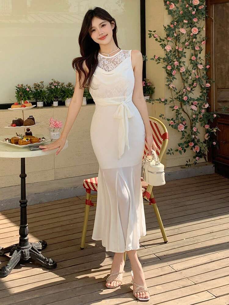 Women's Summer New Delicate Lace Sleeveless White Dress, Fitted Waist Mermaid Hem Long Dress Elegant Sundress,Dress For Wedding Maxi Dress