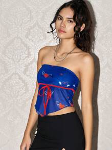 Easelle Women's Vintage Valentine's Day Heart Lace-Up Asymmetrical Hem Fitted Bandeau Top, Blue