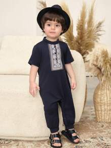 SHEIN New Born Baby Boy Retro Pattern Stand Collar Short Sleeve Jumpsuit Casual All-Match Set, Spring/Summer - Navy Blue - View 5