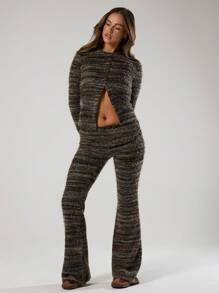 MUSERA Striped Textured Button Front Long Sleeve Tee Casual Summer - Multicolor - View 4