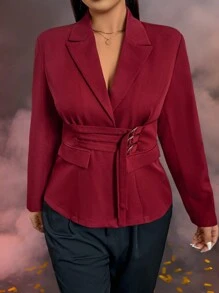 SHEIN Privé Veste taillée à manches longues moderne pour femmes avec taille réglable, élégante pour le domicile, le travail, les occasions Top de gamme, le thé de l'après-midi, les sorties, les concerts, les fêtes, le style vintage, l'académie, l'uniforme d'enseignant, collection du Nouvel An - Rouge foncé - Voir 2