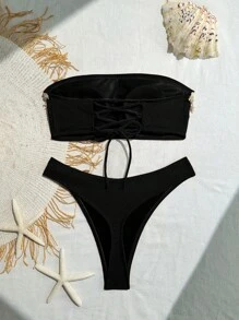 Springbreak Women's Bikini Set, Bandeau Top, Hollow Back, Criss-Cross Straps, Shell Starfish, Ribbed Texture For Summer Beach Vacation - Black - View 4