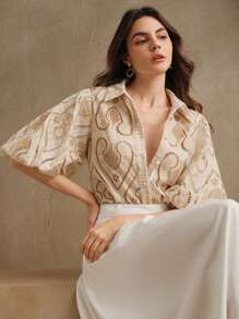 Anewsta 浪漫优雅度假风刺绣镂空领泡泡袖薄纱女式衬衫，适合情人节、夏季海滩度假、新年、波西米亚风、端庄风格 - 卡其色 - 查看 4