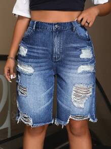 SHEIN ICON Quần short denim thường ngày có túi rách cho nữ cỡ lớn - Rửa trung bình - Xem 3