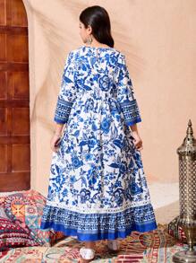 Girl's Blue Floral Print White V-Neck Ruffle Hem Splicing Lace Decor Dress - Multicolor - View 2