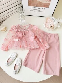 SHEIN Leap Crew Bộ 2 áo lưới in hoa màu hồng dễ thương và quần mùa hè cho bé gái - Hồng - Xem 2