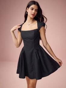 Enchnt Vestido sencillo con mangas abullonadas, estampado de lunares y cuello de cisne para mujer