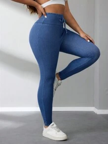 EMERY ROSE Jeans elásticos azules de punto entallados para mujer con cintura elástica y cordón, de moda y versátiles, aptos para primavera/otoño