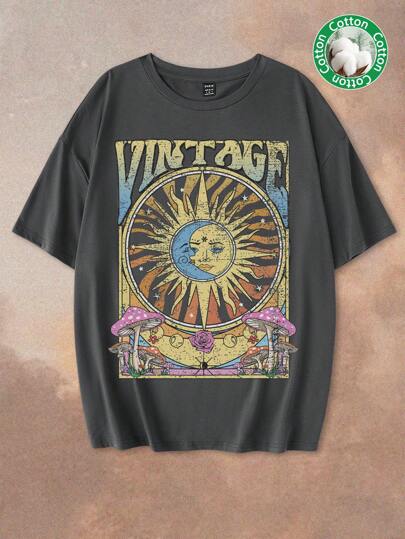 Tseoso Casual Graphic Print Loose Fit Round Neck Drop Shoulder Short Sleeve Oversized Women T-Shirt, Suitable For Summer