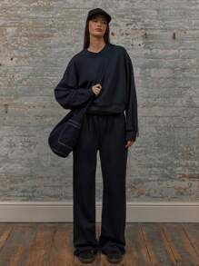 MUSERA Mid Rise Elasticated Thick Waistband Drawstring Wide Leg Sweatpants Vacation Summer Sexy - Dusty Blue - View 1