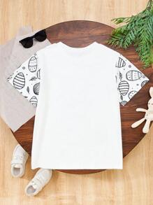 SHEIN Tween Boy Casual Easter Rabbit Print Crew Neck T-Shirt, Sibling Outfits Matching Outfits (Pieces Sold Separately), For Gift - White - View 2