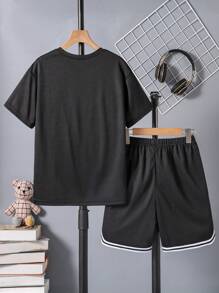 2 件套 青少年男孩熊卡通印花休闲圆领上衣和短裤套装