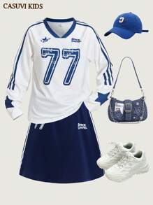 SHEIN Explorewe Set de 2 piezas para adolescentes compuesto por una camiseta de manga larga tipo raglán con estampado de rayas y letras en estilo deportivo americano casual, y una falda mini con cordón ajustable con estampado de rayas, adecuado para primavera/verano - Multicolor - Ver 9