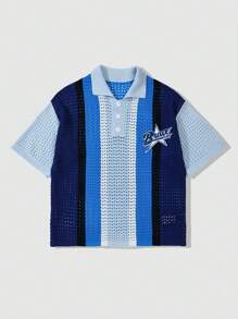 ROMWE MEN Casual 男士短袖字母条纹印花针织 Polo 衫、度假装 - 藍色 - 查看 1