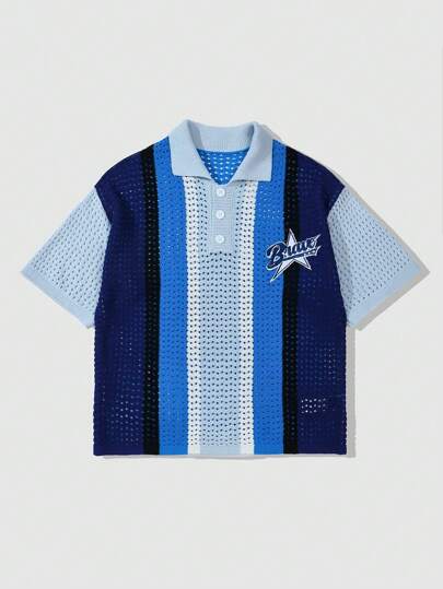 Street Life Men's Short Sleeve Letter & Stripe Print Knitted Polo Shirt, Vacation Wear