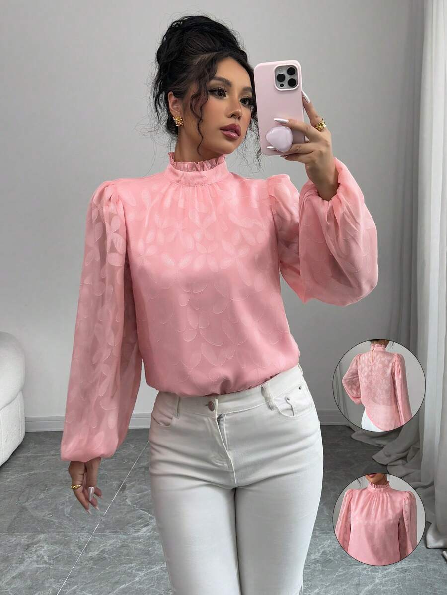 Elenzga Women Elegant Commuter & Vacation Floral Jacquard Loose Chiffon Blouse, Long Sleeve Round Neck, Solid Color (Random Printed) Fall Cloth For Women