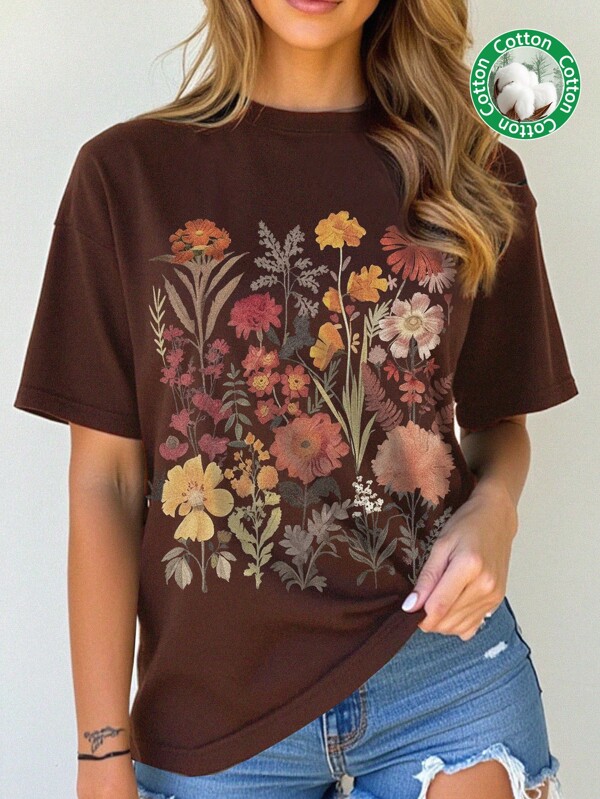 Tseoso 1pc Women's Casual Floral Print Round Neck Short Sleeve Regular Fit Summer Cotton T-Shirt Natural