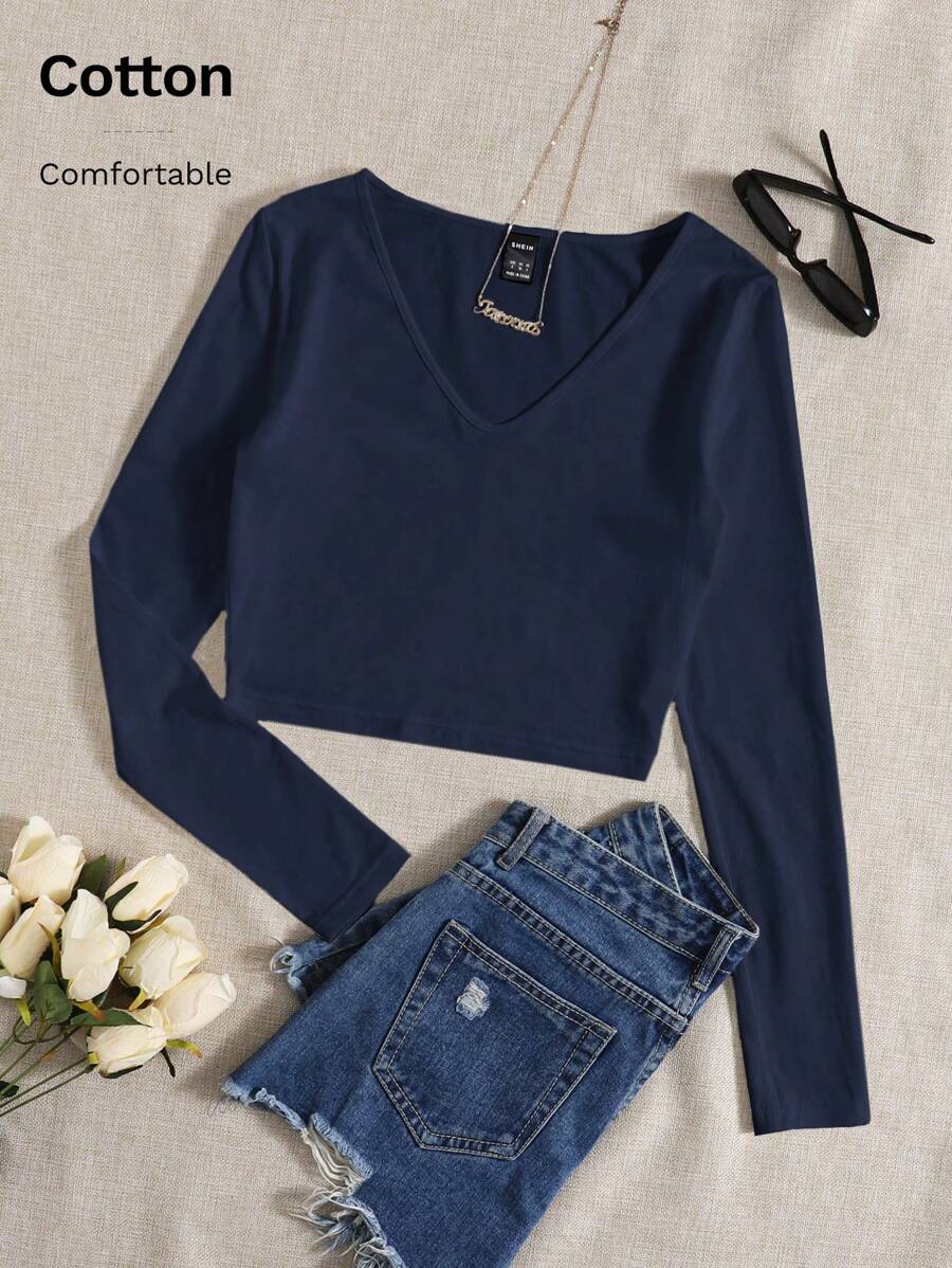 SHEIN EZwear 纯色 V 领短款 T 恤