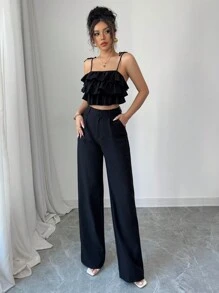 Modelyn 2 stuks/set dames geplooide camisole top en wijde pijpen broek