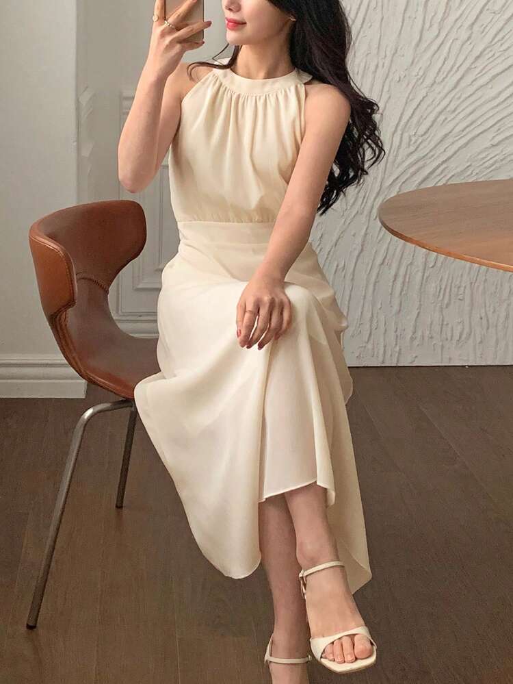 Women's Sleeveless Midi Dress With Halter And Waist Cincher Elegant Sundress