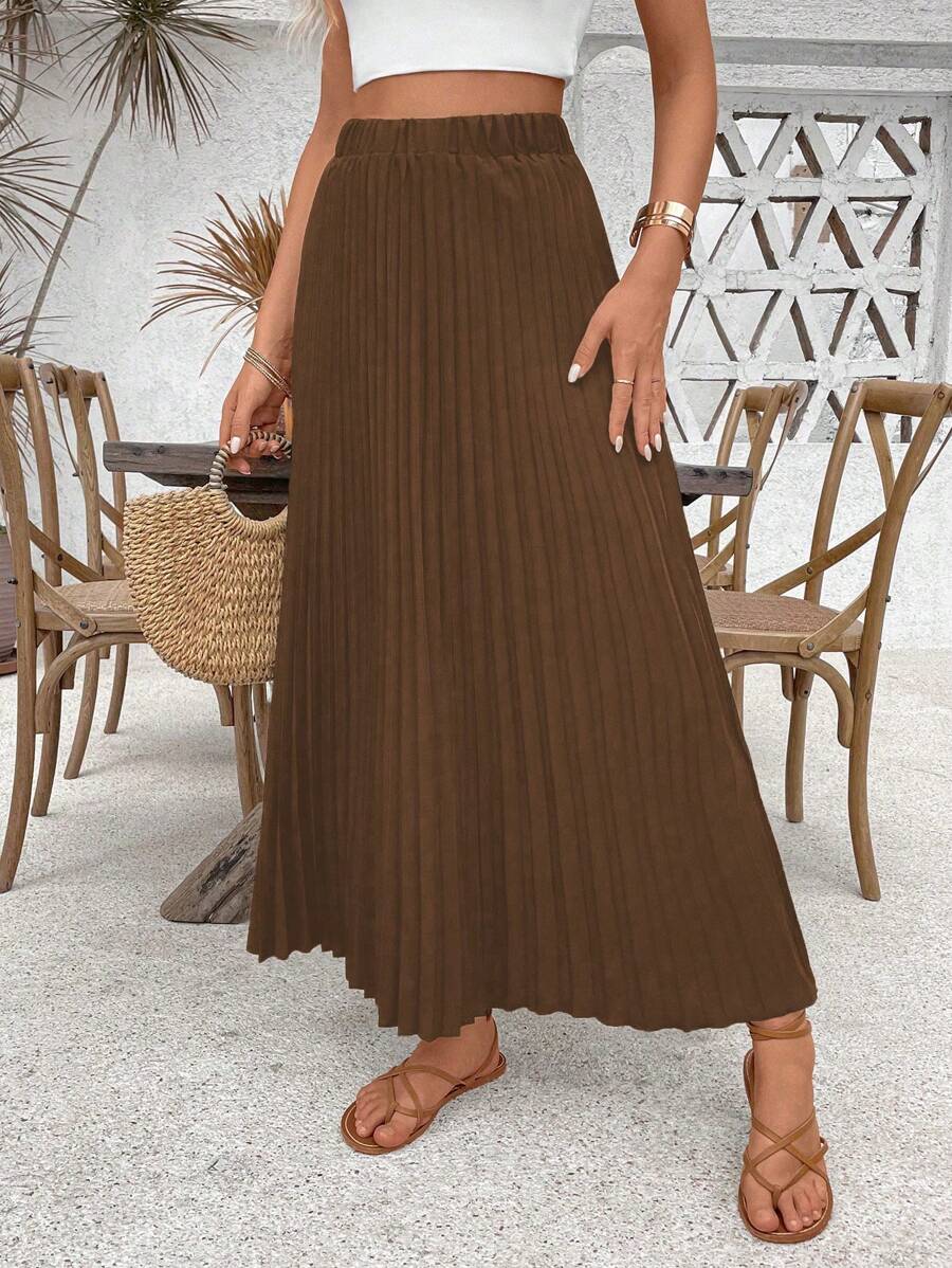 Breezaya Váy xếp ly màu trơn thời trang ngày lễ, váy Maxi xếp ly boho dáng suông cạp cao cho nữ, váy màu trơn cho nữ, mùa xuân/thu, trang phục thường ngày đi nghỉ biển - màu nâu - Xem 1