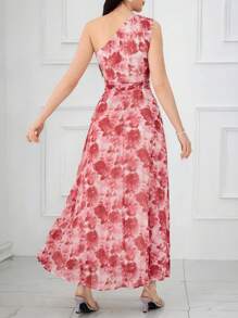 Modelyn Women's Asymmetrical Shoulder Sleeveless Floral Print Bodycon Long Dress, Elegant