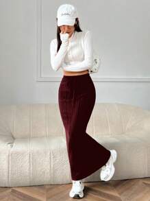 SHEIN EZwear 勃艮第女士针织紧身裙 - 酒紅色 - 查看 6