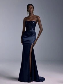 Elitara Elegant Sexy Navy Lace Top Chest See-Through Decoration Boned Breast Cup Fishtail Dress Shrink Pleated High Slit Stretch Bright Satin Heavy Industry Evening Dress Formal Prom Wedding Guest Gown, For Graduation, Dinner Party Dress - Navy Blue - View 7