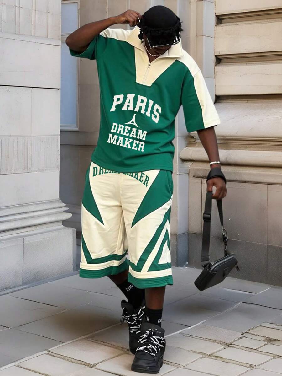 Manfinity EMRG 2pcs Men's Letter Print Zipper Henley Short Sleeve Basketball Jersey Style T-Shirt And Shorts Set,Street Wearing - Multicolor - View 1