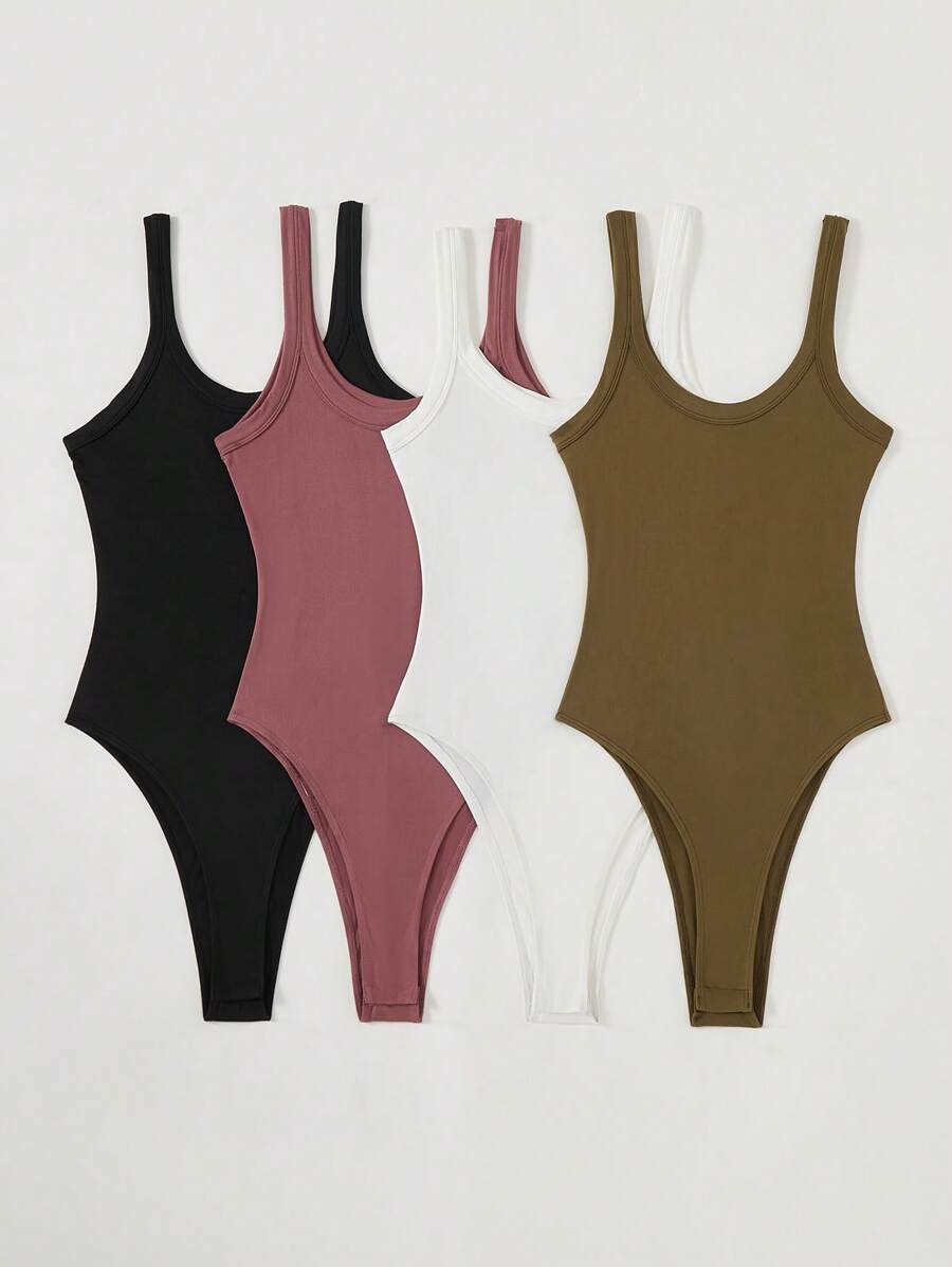 SHEIN BASICS 4 шт./комплект жіночих однотонних в'язаних боді, повсякденні - Різнокольоровий - Переглянути 1