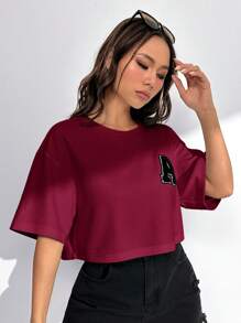 SHEIN EZwear 勃艮第针织女式短款夏季 T 恤 - 酒紅色 - 查看 3