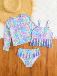 3pcs/Set Young Girl's Neon Leopard Print Print Swimwear Set Summer Holiday
