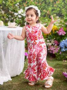 Conjunto de 2 piezas para bebés niñas de verano con estampado floral lindo: chaleco con bajo con volante y pantalones
