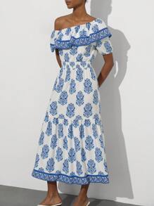 Aveloria Modichic Vestido largo tipo A elegante de vacaciones con estampado vintage, corte de cintura marcado, hombros con volantes y contraste de color azul para mujeres