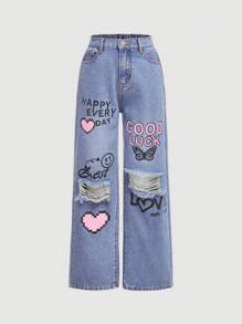 SHEIN Tween Girls New Style Distressed Light Blue Y2K Love Letter Print Flare Jeans - Light Wash - View 1