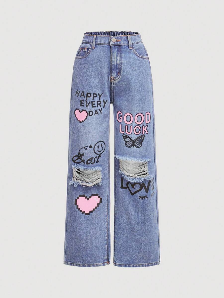 SHEIN Tween Girls New Style Distressed Light Blue Y2K Love Letter Print Flare Jeans - Light Wash - View 1