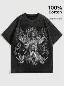 ROMWE Goth Camiseta holgada para mujer con lavado ácido desgastado - Negro - Ver 2