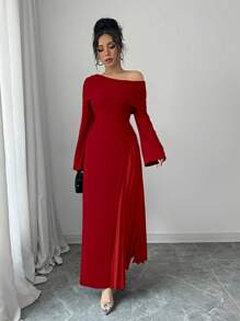 Elenzga Robe longue élégante pour femmes, en couleur unie, avec épaule oblique attrayante, taille froncée, volant asymétrique au bas, idéale pour les déplacements et les soirées - Rouge - Voir 3