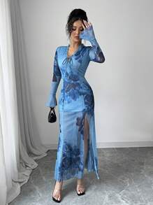 Elenzga Women Vacation Chic Elegant Fashion Charming Flare Sleeve V-Neck Tie Waist Side Slit Fitted Floral Print Dress (Random Print)