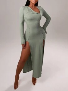 Zolique Women's Sexy Asymmetrical Button Design Fitted Bodycon Dress Fall Cloth For Women - Olive Green - View 3