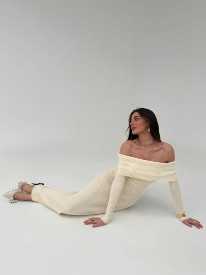 Aloruh Vestido suéter largo tipo ajustado de manga larga con hombros descubiertos en color albaricoque minimalista para mujer