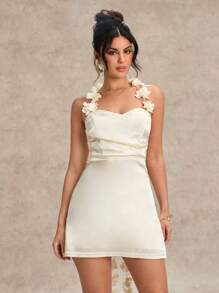 SHEIN BAE Vestido mini ajustado con bloqueo de color en color albaricoque y blanco con decoración floral 3D, tirantes de satén, adecuado para el Día de San Valentín, fiestas, citas románticas, vestidos de dama de honor, eventos formales, uso casual, celebraciones de cumpleaños, atuendo de despedida de soltera