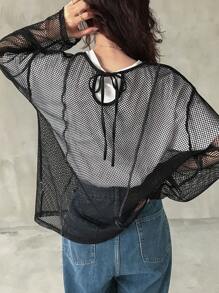 FRIFUL Camiseta holgada de mujer de malla transparente negra, top de capa para primavera/verano