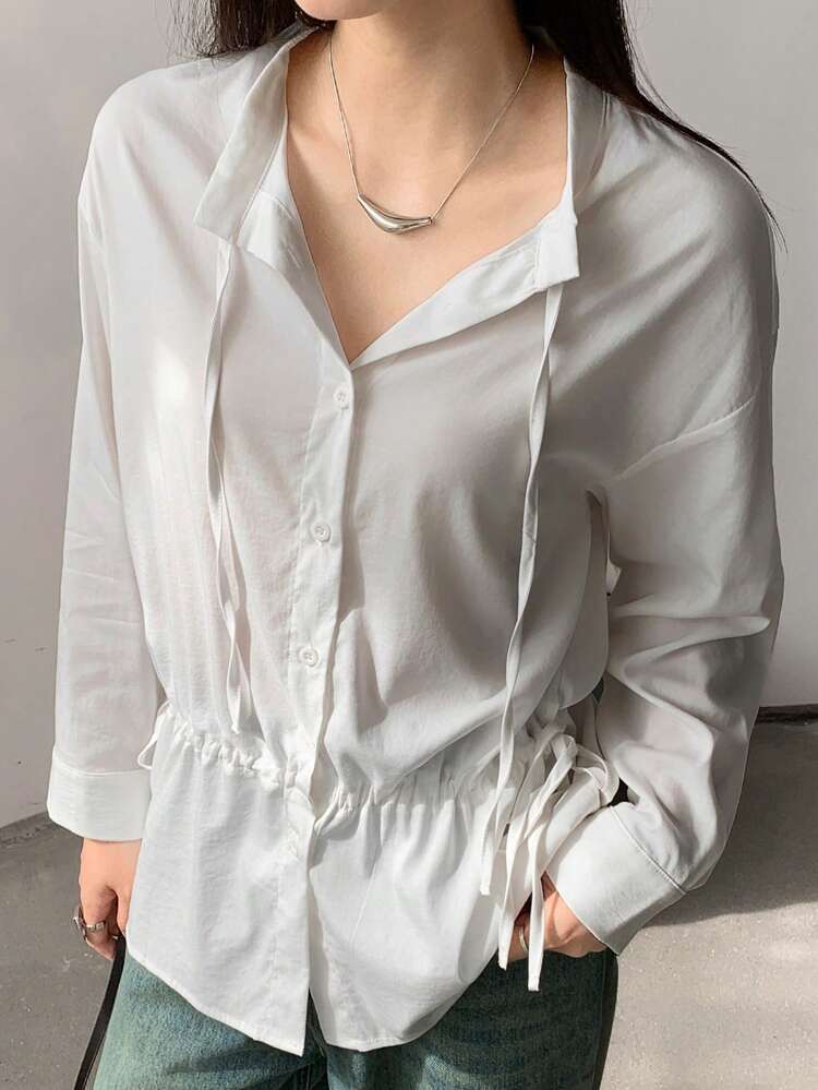 Loose Simple Design Drawstring Tie Long Sleeve Women Shirt,Fall Women Clothes