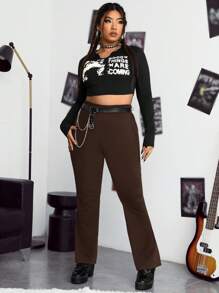 SHEIN EZwear Plus High Waist Black Flare Leg Pants - Brown - View 4