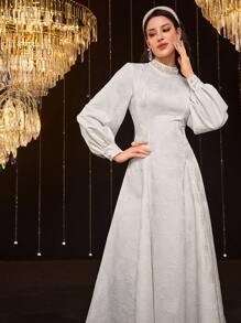 Modelyn 女士花卉提花立领灯笼袖优雅阿拉伯风格连衣裙，端庄 - 白色 - 查看 4
