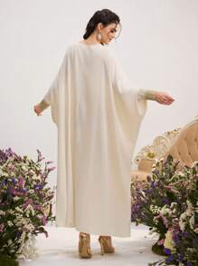 Al Najma Women's Apricot V-Neck Three-Dimensional Beaded Edge Turkish Bat Sleeve Stitching Kaftan & Arabian Traditional Long Dress Spring Valentine's Day, Kaftan & Jalabiya,Modest - Apricot - View 6