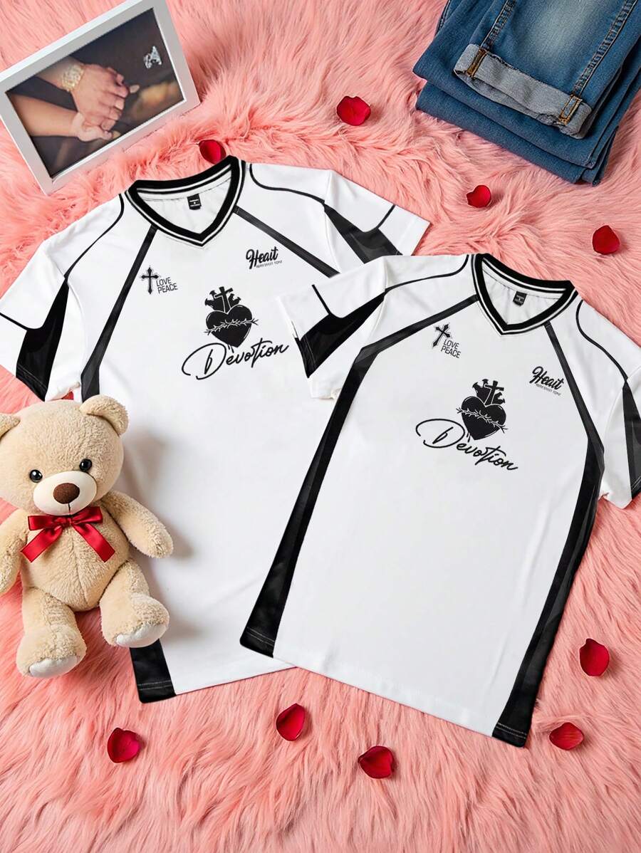 Manfinity Roghcode Manfinity EMRG Men's Casual Colorblock Patchwork Heart& Letter Print Short Sleeve T-Shirt Valentine's Day - White - View 1