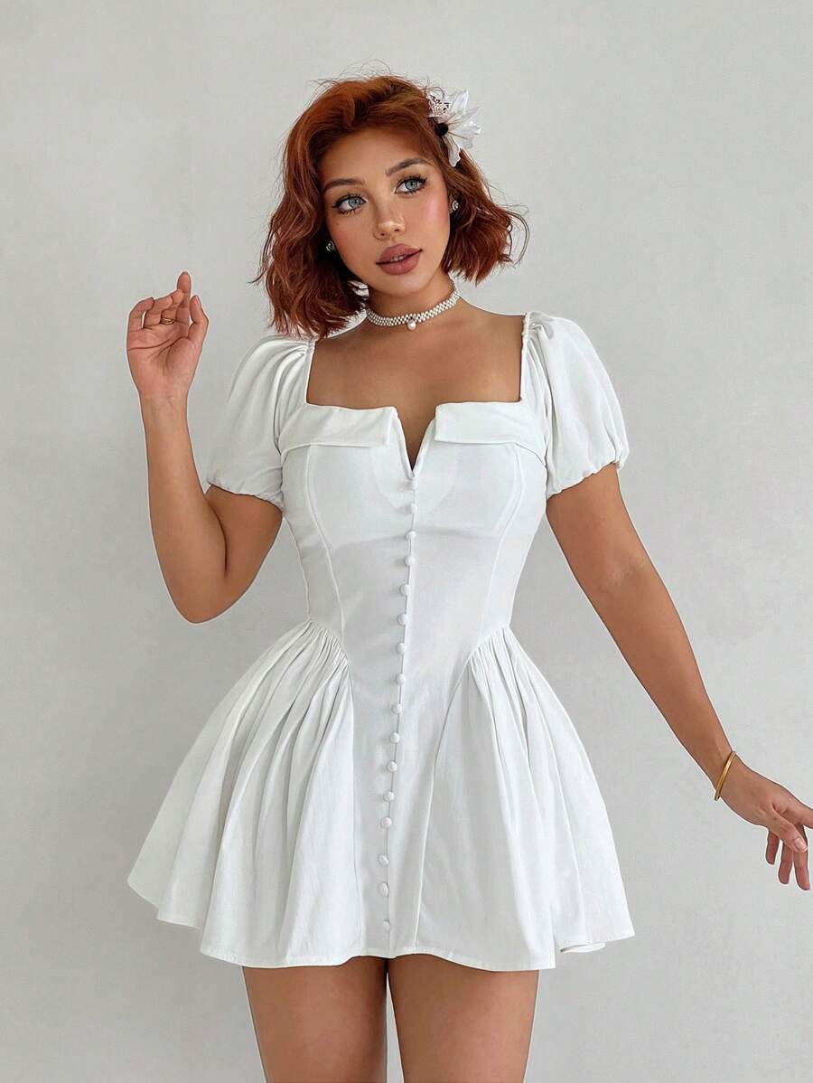 Sweetina Vestido Curto Sexy Modelo Peplum de Linha A com Decote Quadrado e Costas Abertas para Festa - Branco - Visão 1